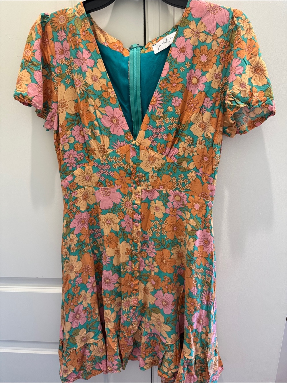 Petal & Pup Teal Floral Mini Dress with Pink and Orange Blooms